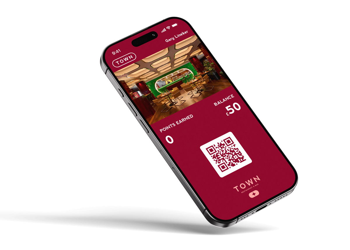 TOWN CARD mockup on an iPhone